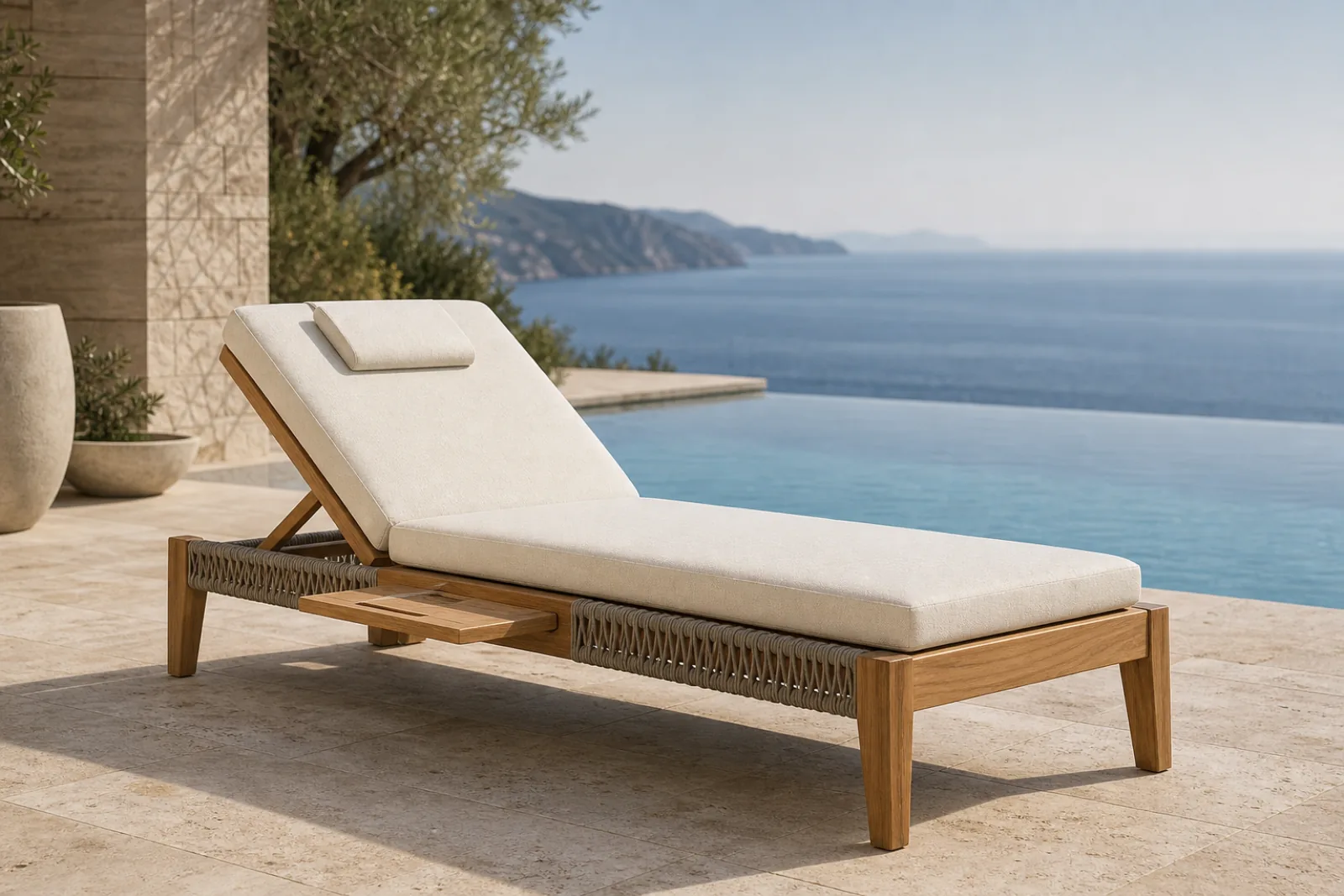 Teak luxury hotel pool cabana lounge chair with off-white Sunbrella cushion