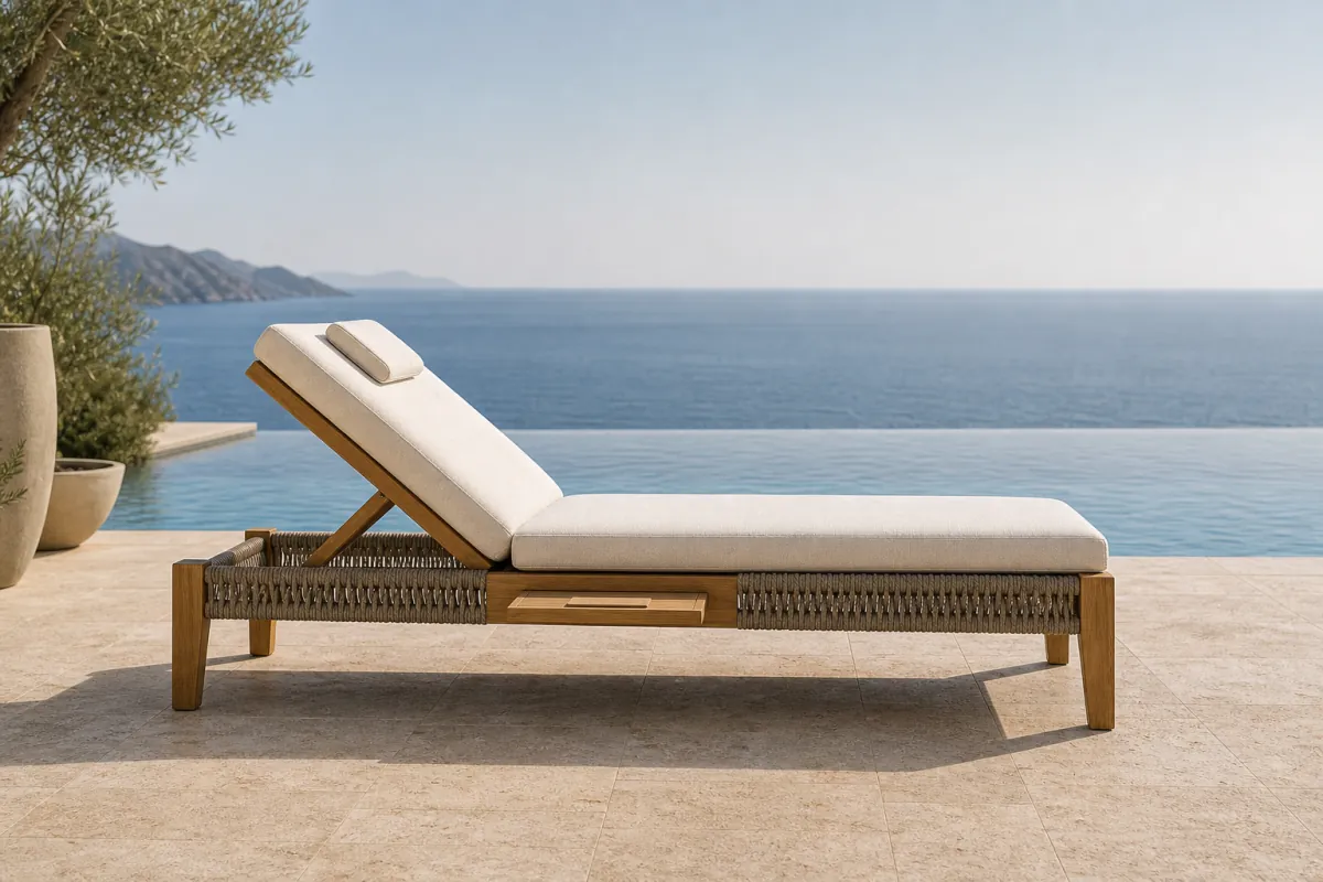 Pool / Cabana Lounge Chair side profile — Teak luxury hotel pool cabana lounge chair with off-white Sunbrella cushion