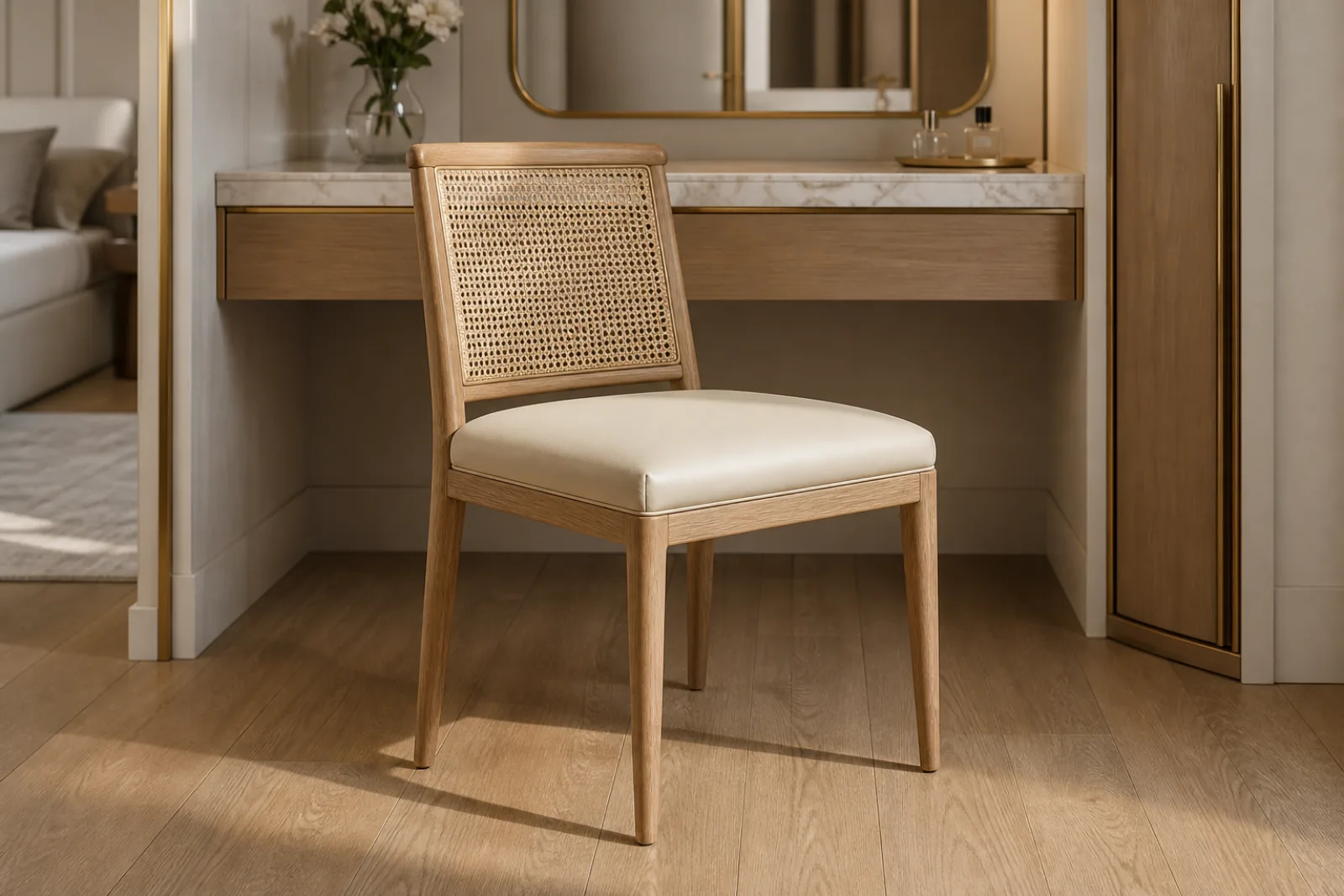 Rovere oak hotel suite vanity chair with panna leather seat and hand-woven cane back