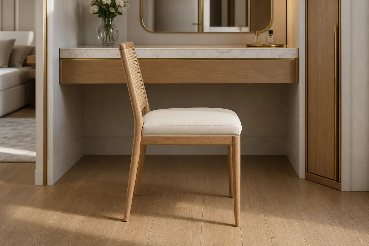 Suite Vanity / Desk Chair side profile — Rovere oak hotel suite vanity chair with panna leather seat and hand-woven cane back