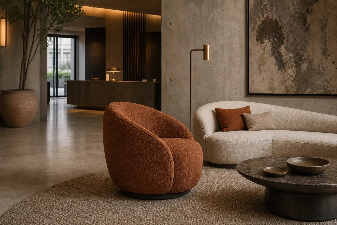 Boutique Accent Chair in context — Boutique hotel lobby, design hotel, brand statement piece