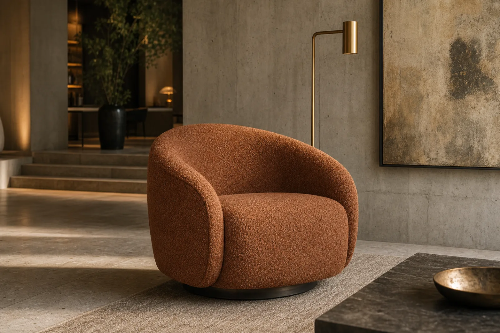 Terracotta boucle sculptural boutique hotel accent chair with hidden dark bronze swivel base