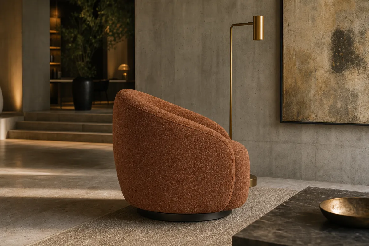 Boutique Accent Chair side profile — Terracotta boucle sculptural boutique hotel accent chair with hidden dark bronze swivel base