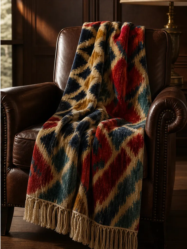 Layered velvet and handloom throws on hotel lounge seating
