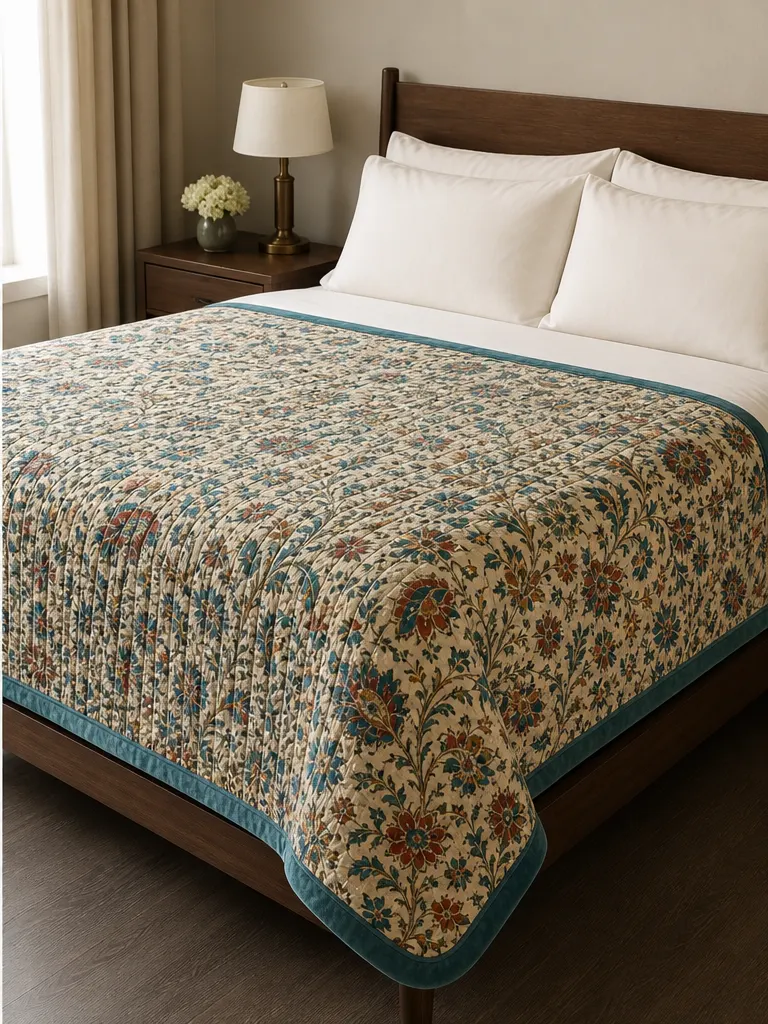 Quilted coverlet, coordinated shams, and bed runner on a hospitality bed prototype