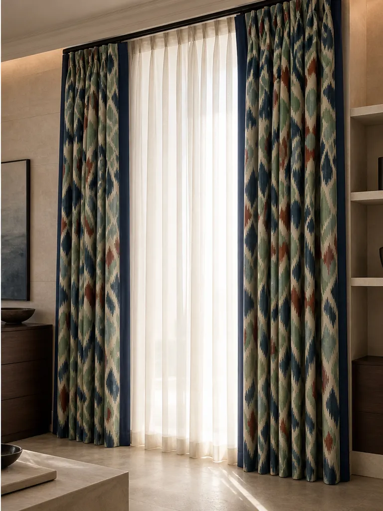 Curtains — Decorative drapery, sheers, blackout sets, Roman blinds, tie-backs, and holdbacks developed as complete project window packages.