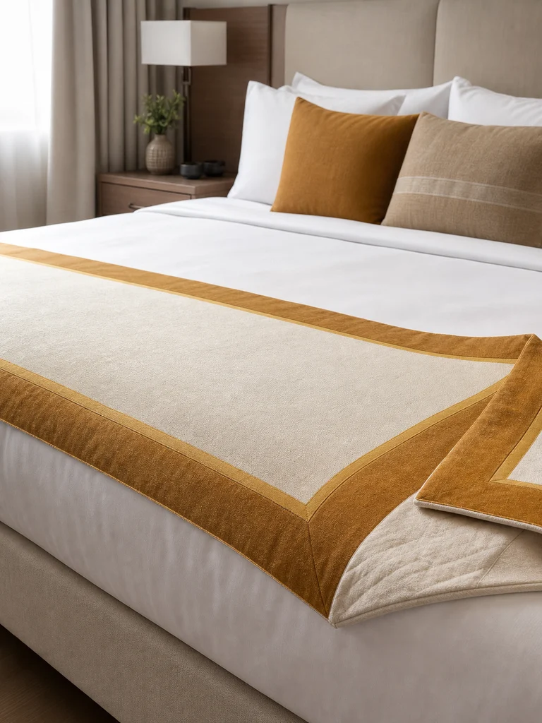 Saffron Border Bed Runner shown in Hotel rooms, serviced apartments, show homes