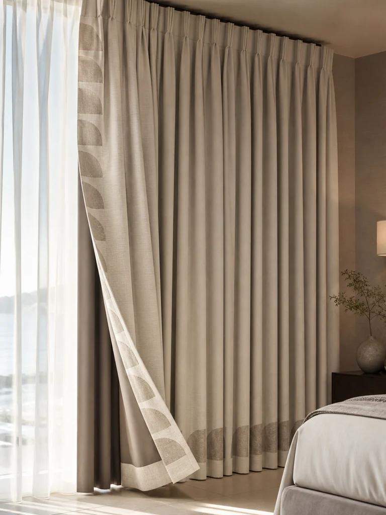 Ivory Arc Blackout Set shown in Hotel guestrooms, serviced apartments, bedrooms