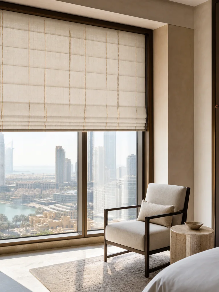 Aurelia Fold Roman Blind shown in Hotel suites, private residences, restaurant alcoves, meeting rooms