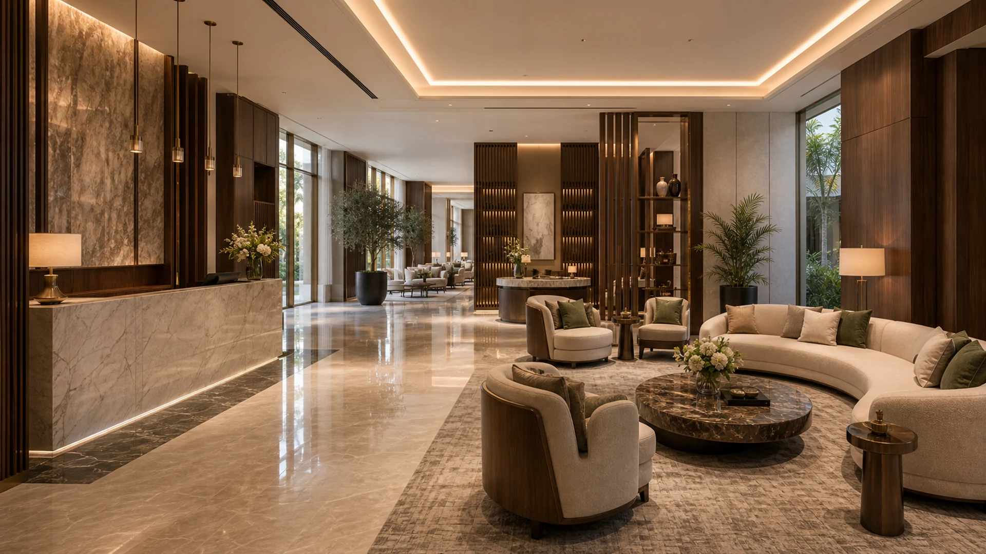 Five-star hotel lobby with marble reception desk, curved lounge seating, walnut wall panels, brass lighting, planters, and concierge area