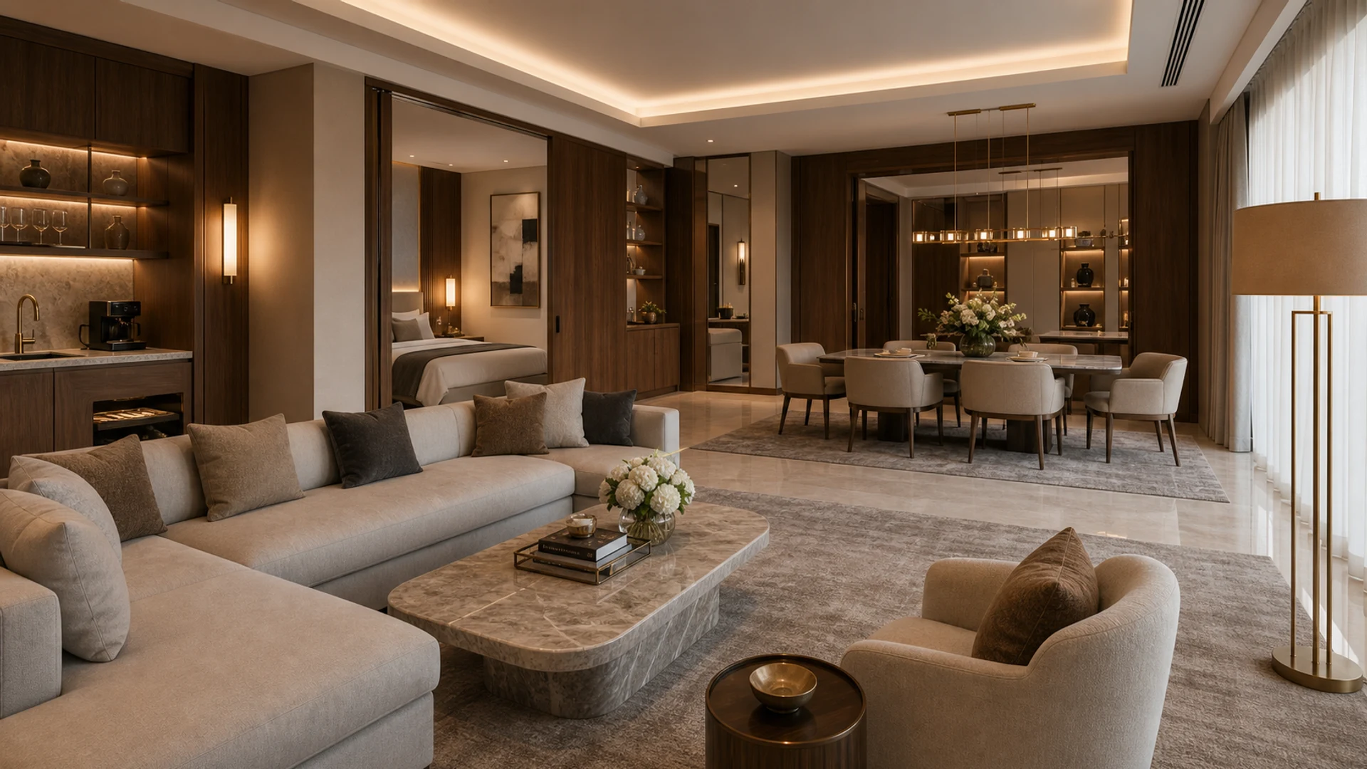 Luxury hotel suite with separate living room, dining table, upholstered bedroom, kitchenette joinery, marble surfaces, and panoramic Gulf view