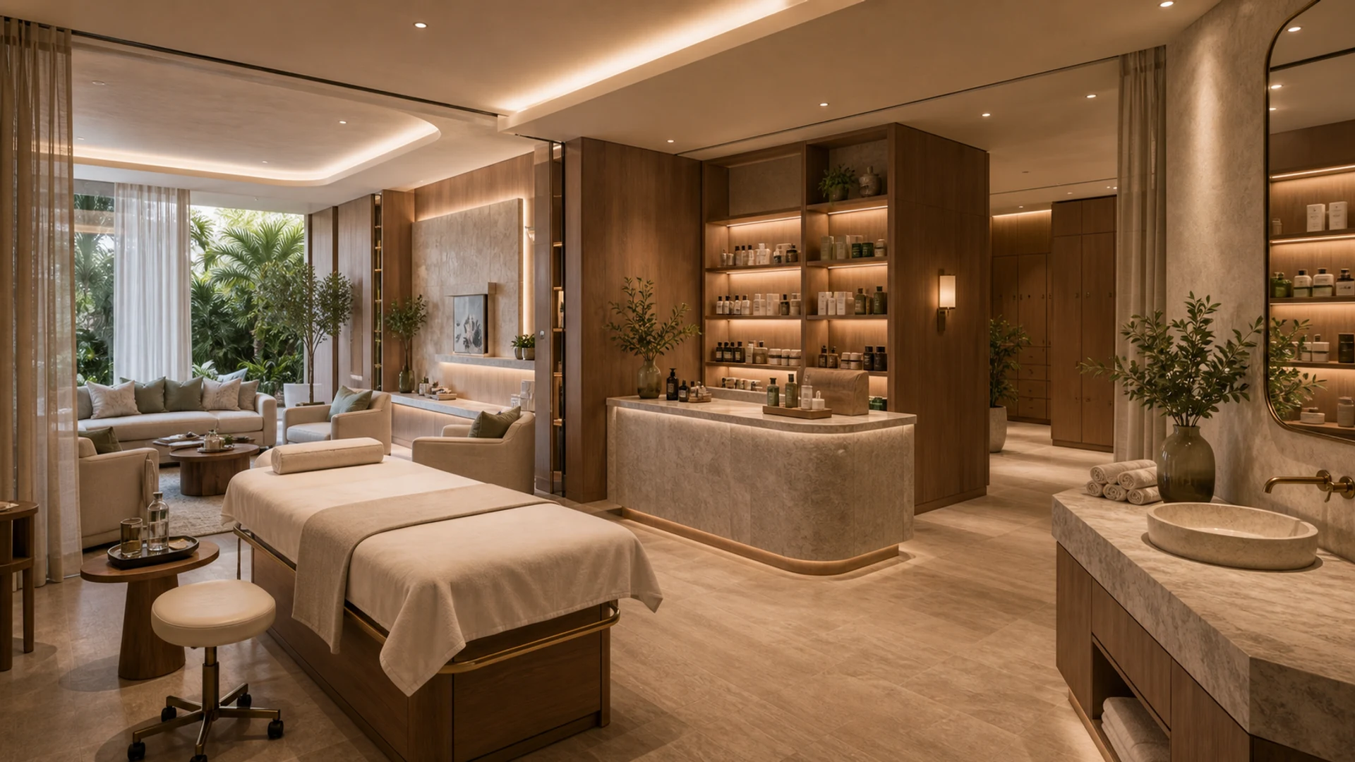 Luxury hotel spa with treatment bed, warm wood joinery, stone vanity, relaxation lounge chairs, soft lighting, and wellness retail display
